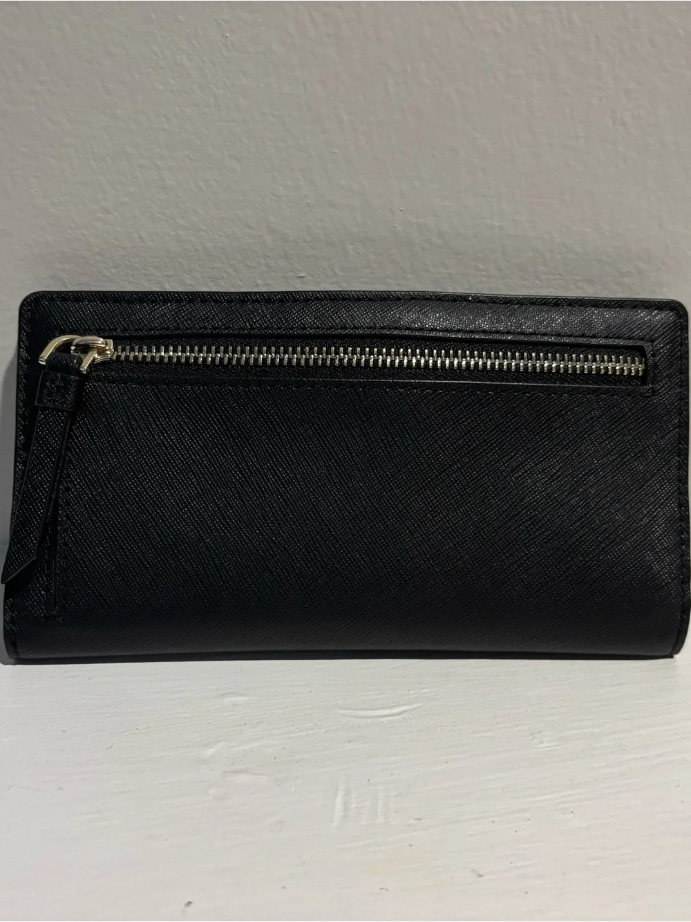 kate spade Black Saffiano Continental Zip Wallet with Gold Logo